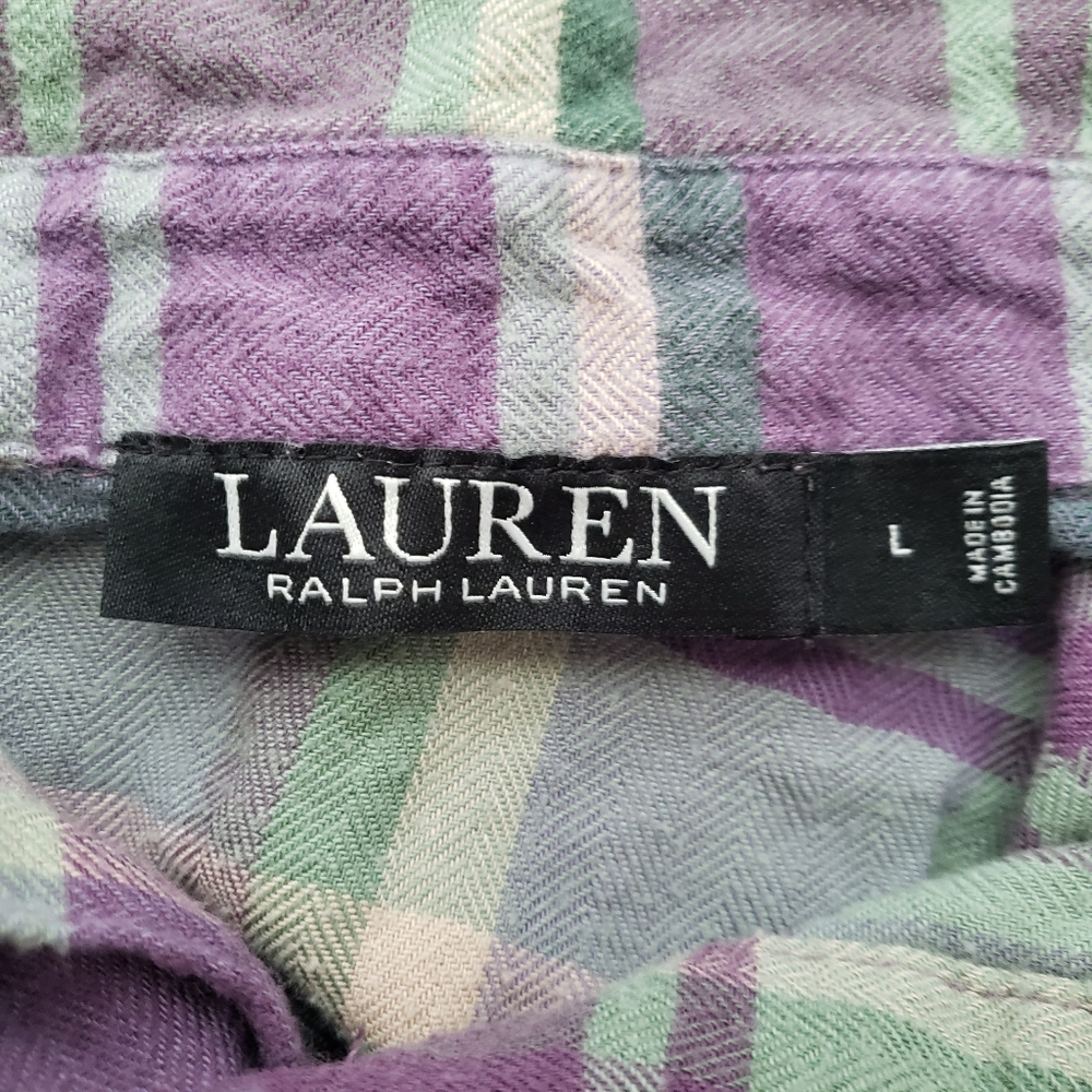 Lauren Ralph Lauren Plaid Cotton Blend Herringbone Sleep Lounge Shirt Size Large - Picture 7 of 11